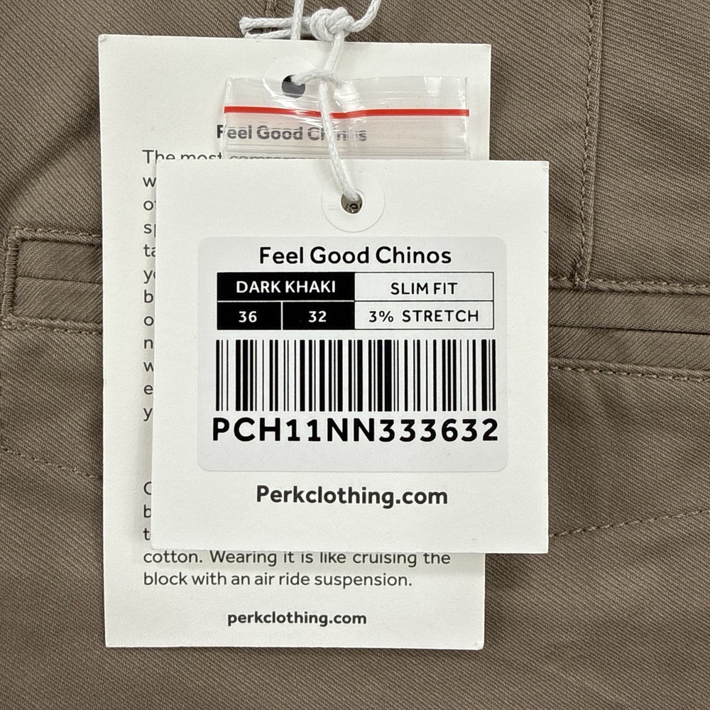 Perk Feel Good Chinos Men's 36x32 NWT Dark Khaki Slim Fit Cotton Stretch Preppy - Picture 10 of 13